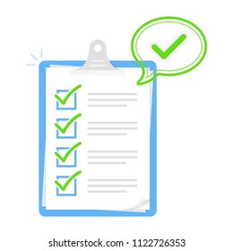Clipboard Bubble Green and check marks and pen. Flat style design vector illustration