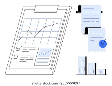 A clipboard with a business graph, receipts, and a bar chart. Ideal for financial reports, business analytics, data visualization, progress tracking, and performance metrics. Minimalistic line art