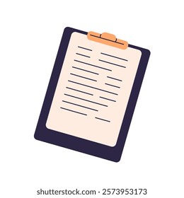 Clipboard with business paper. Document with text information attached to clip board, pad, holder. Office stationery for note writing, records. Flat vector illustration isolated on white background