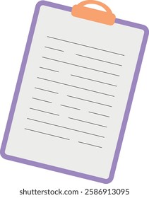 Clipboard with business paper for notes in flat style. Document with text attached to holder. Isolated vector illustration.