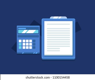 Clipboard and calculator with graph on background. Vector, isolated