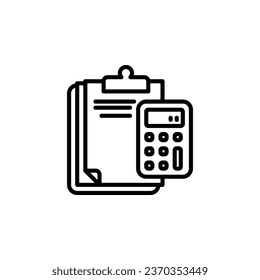 Clipboard with calculator outline icon. Vector illustration. The isolated icon suits the web, infographics, interfaces, and apps.