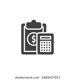 Clipboard with a calculator vector icon. filled flat sign for mobile concept and web design. Budgeting process glyph icon. Symbol, logo illustration. Vector graphics