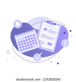 Clipboard and calendar vector illustration. Office work, planning, time management, schedule and online education concept for banner, website, social media, app and flyer.