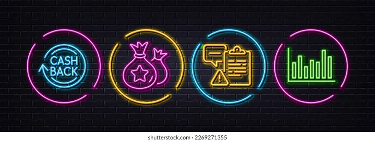 Clipboard, Cashback and Loyalty points minimal line icons. Neon laser 3d lights. Bar diagram icons. For web, application, printing. Caution document, Refund commission, Money bags. Vector