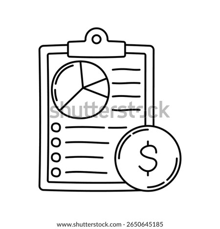 Clipboard Chart Outline Doodle, document with pie chart and checklist, useful for financial planning, reporting, and auditing illustrations.