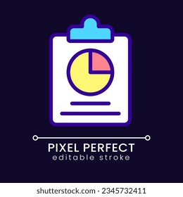 Clipboard and chart pixel perfect RGB color icon for dark theme. Data analysis visual presentation. Simple filled line drawing on night mode background. Editable stroke. Poppins font used