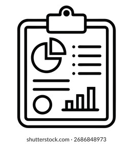 Clipboard with charts and graphs icon representing data analysis and reporting vector line art isolated on white background.