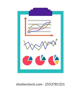 Clipboard with charts and graphs. Vector simple color flat illustration.