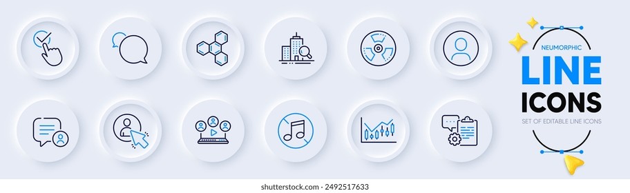 Clipboard, Chat bubble and Chemical hazard line icons for web app. Pack of Inspect, Messenger, Financial diagram pictogram icons. Checkbox, Chemical formula, User signs. Headshot. Vector