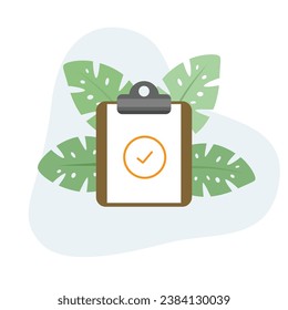 Clipboard Check icon flat vector Illustration Icon decorated with leaves for web use for complete, checkmark, questionnaire, document, board, task.