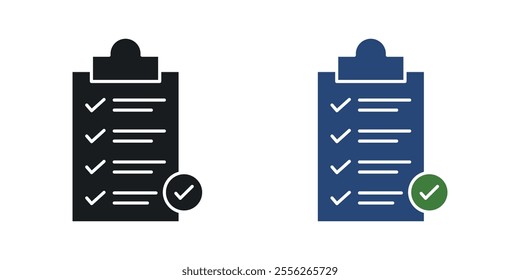 Clipboard check icon set in black and colored versions.