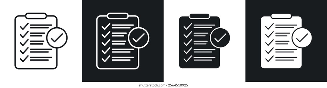 Clipboard check icons collection in black filled and line style.