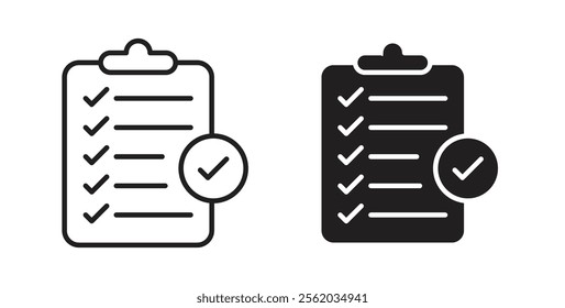 Clipboard check icons in flat and line style set.