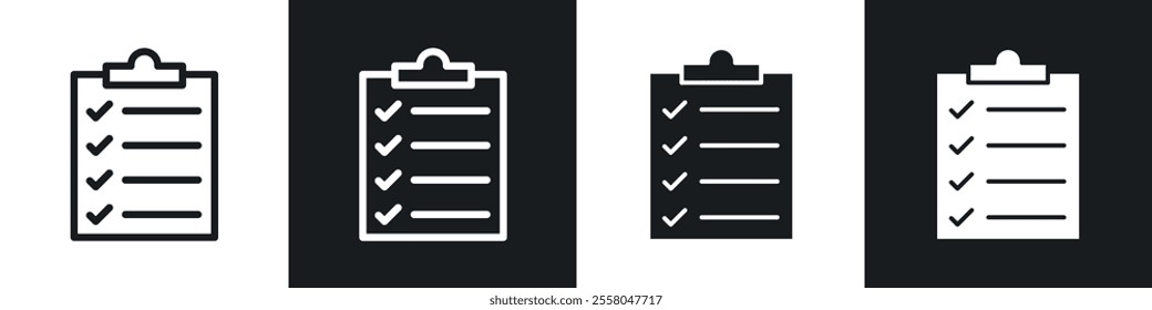 Clipboard check icons pack in black and white filled and outlined versions.