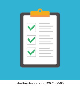 Clipboard with check list, all ticks, vector illustration in flat style, design template