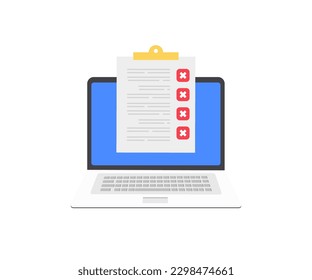 Clipboard with check list and cross marks on laptop screen logo design. Checklist and Red Cross Mark Brush, Red X mark, X Sign on laptop screen vector design and illustration.

