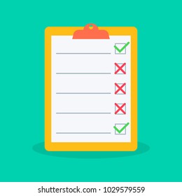 Clipboard with check list, to do list, complete tasks, survey, checklist. Feedback business concept. Flat vector illustration.