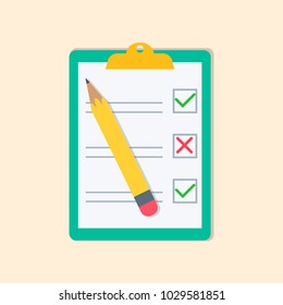 Clipboard with check list, to do list, complete tasks, survey, checklist. Feedback business concept. Flat vector illustration.