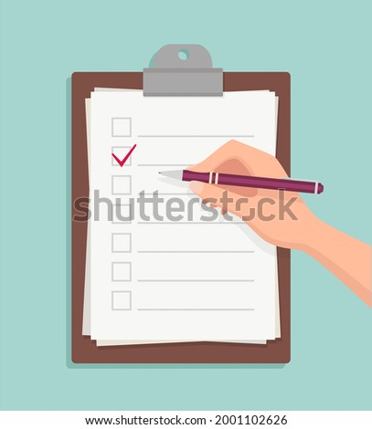 Clipboard with a check list in flat style. Hand with pen writing on a check list. The hand holds a pen and clipboard in a 3d style. To-do list and planning project. Vector Illustration.