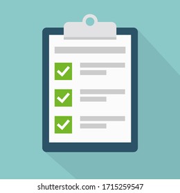 Clipboard with check list flat vector icon with long shadow. To-do list, survey, exam concepts. Vector illustration.