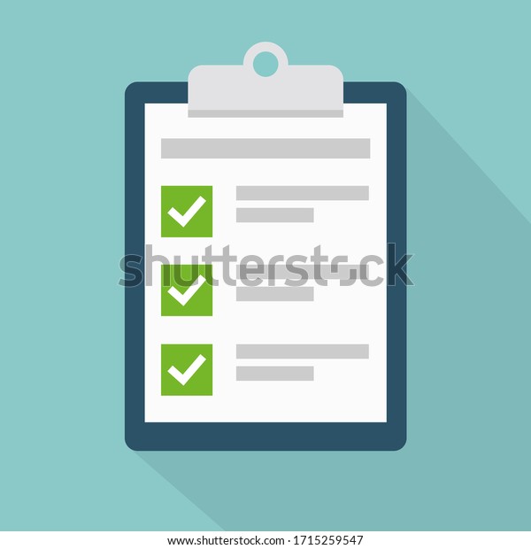 Clipboard\
with check list flat vector icon with long shadow. To-do list,\
survey, exam concepts. Vector\
illustration.