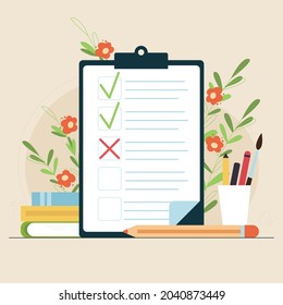 Clipboard with check list and check marks. To do list, completed tasks, done exercises or homework. Online quiz and done test, feedback or survey.