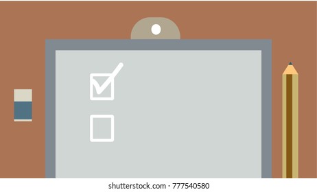 Clipboard check list marks with pencil. Vector flat illustration