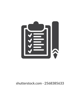 A clipboard with a check list and pencil vector icon. filled flat sign for mobile concept and web design. Write Agenda glyph icon. Symbol, logo illustration. Vector graphics