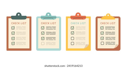 Clipboard with check list set. Completed task list. Documents in a folder. Check mark. Flat design