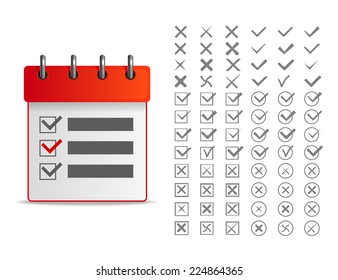 Clipboard with check list. Set of different vector check marks or ticks in boxes and circles. Vector illustration.