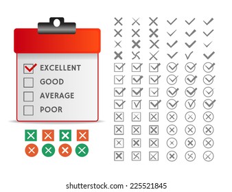 Clipboard with check list. Set of different vector check marks or ticks in boxes and circles. Vector illustration.