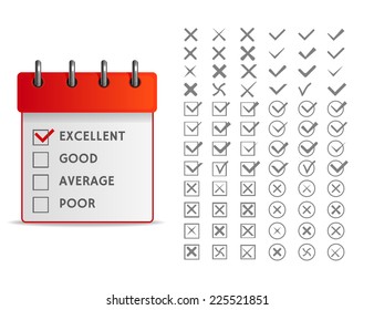 Clipboard with check list. Set of different vector check marks or ticks in boxes and circles. Vector illustration.