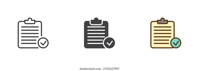 Clipboard with check mark different style icon set. Line, solid and filled outline colorful icon, vector sign and symbol. Checklist clipboard icon for grocery order, audit and task icon.