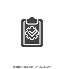 Clipboard with check mark and gear vector icon. filled flat sign for mobile concept and web design. IT Compliance glyph icon. Symbol, logo illustration. Vector graphics