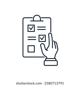 Clipboard, check mark, hand. Concept of to-do list, tasks, test. Vector linear icon isolated on white background.