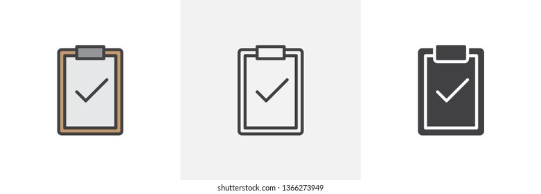 Clipboard with check mark icon. Line, glyph and filled outline colorful version, Approved document outline and filled vector sign. Symbol, logo illustration. Different style icons set. Vector graphics