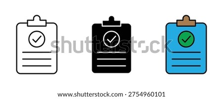Clipboard with check mark icon set. Task management, approved document, and medical report symbols. Vector Illustration.
