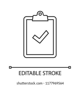 Clipboard with check mark linear icon. Test, exam successfully completed. Thin line illustration. Approved. Successfully tested. Vector isolated outline drawing. Editable stroke