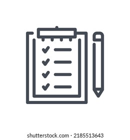 Portapapeles con lista de marcas de verificación e icono de línea de lápiz. Informe de control de calidad y signo de contorno vectorial de lista de examen.