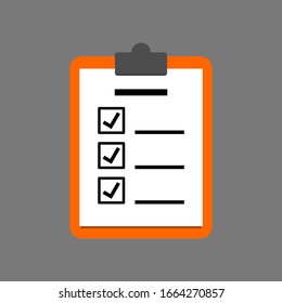 clipboard with check mark sign on white checklist paper isolated on grey background. vector illustration