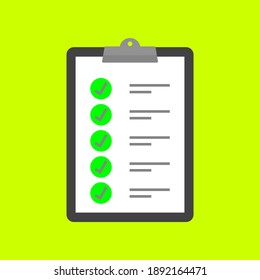 clipboard with check mark sign on green circle and text symbol on white paper. checklist icon on green background for website and mobile application design element. vector illustration