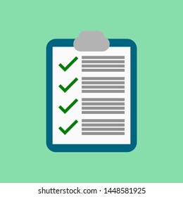 clipboard with check mark sign in white document paper isolated on green background. vector illustration 