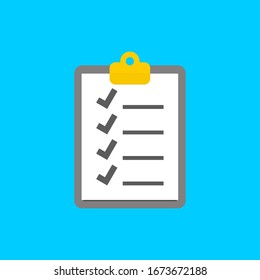 clipboard with check mark tick on white checklist paper isolated on blue background. vector illustration 