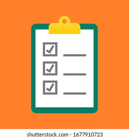 clipboard with check mark tick on white checklist paper isolated on orange color background. vector illustration 