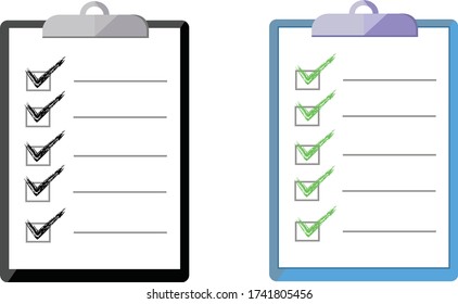 Portapapeles y marcas de verificación. Diseño de estilo plano. Portapapeles con marca de verificación marca en papel blanco de la lista de verificación en fondo amarillo.