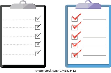 Clipboard and check marks. Flat style design. Clipboard with check mark sign tick on white checklist paper on yellow background.