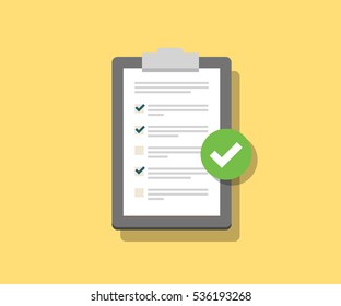 Clipboard and Check Marks. Flat Style Design Vector Illustration on Yellow Background