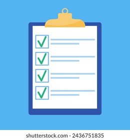 Clipboard and check marks icon. good exam results on paper clipboard. quiz form idea, interview assessment, passed questionnaire. Vector illustration in flat style