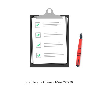 Clipboard with check marks and pen. Checklist with a pen.Checklist sign